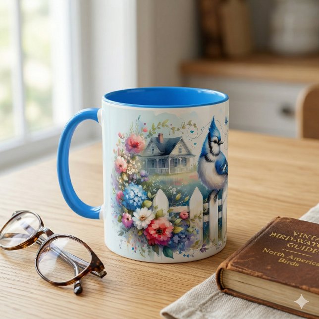 Mug Clôture de jardin de la maisonnette du geai bleu (Blue Jay Cottage Garden Fence Scene Mug On Kitchen Counter)