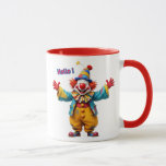 Mug Clown joyeux avec grand sourire.<br><div class="desc">Clown joyeux avec grand sourire et bras ouverts disant "Hello !" Avec son grand nez rouge, son chapeau pointu rigolo et son costume coloré plein de taches, ce clown joyeux ouvre grand les bras comme pour faire un gros câlin, son sourire immense et ses yeux pétillants de malice donnant envie...</div>