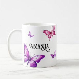 Mug Cluster papillon rose et violet avec nom