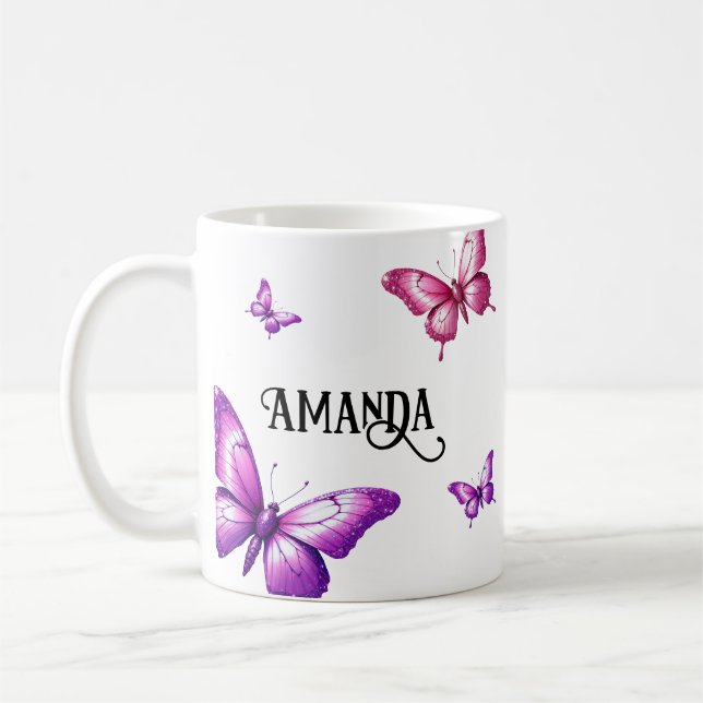 Mug Cluster papillon rose et violet avec nom (Gauche)