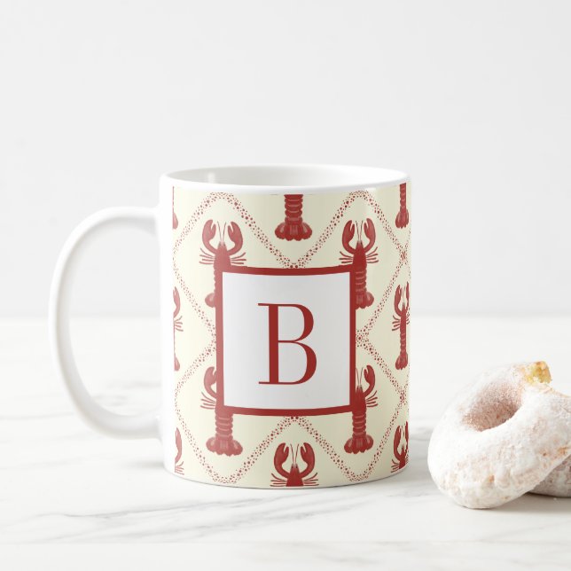 Mug Coastal Lobster Red Cream Diamond Initial Monogram (Avec donut)