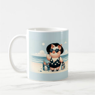 Mug Cochon mignon en maillot de bain à pois sur la pla