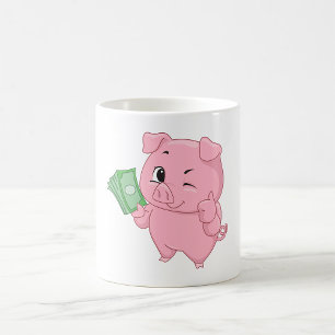 Mug Cochon Rose Tenant de l'Argent Comptant Faisant un