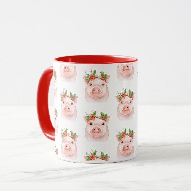 Mug Cochonnet de Noël Rose Rose Fête à la Ferme Campag (Devant gauche)