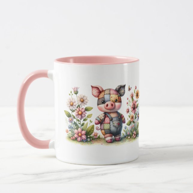 Mug Cochonnet Patchwork Mignon dans un Jardin Floral (Gauche)