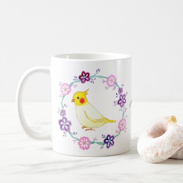 Mug Cockatiel mignon en Fleurs Oiseaux Amoureux nom pe (Avec donut)