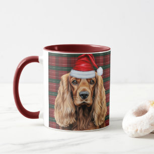 Mug Cocker Spaniel à carreaux de Noël, Père Noël Chien