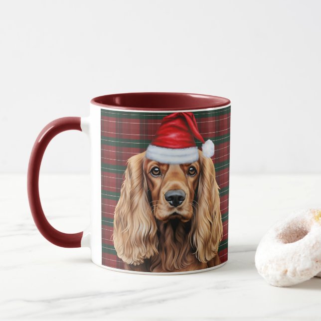 Mug Cocker Spaniel à carreaux de Noël, Père Noël Chien (Avec donut)