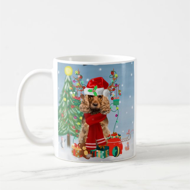 Mug Cocker Spaniel Chien en neige avec cadeaux de Noël (Gauche)