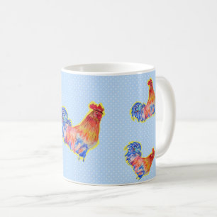 Mug Cockerel Rooster Rouge Drôle et Zones Bleues et Bl