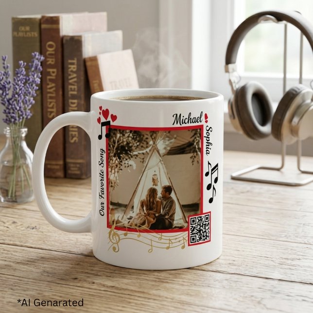 Mug Code QR de chanson photo moderne rouge et or perso (Créateur téléchargé)