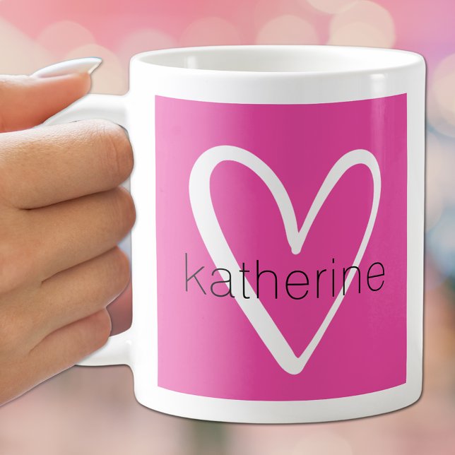 Mug Coeur blanc sur Monogramme rose chaud (Créateur téléchargé)