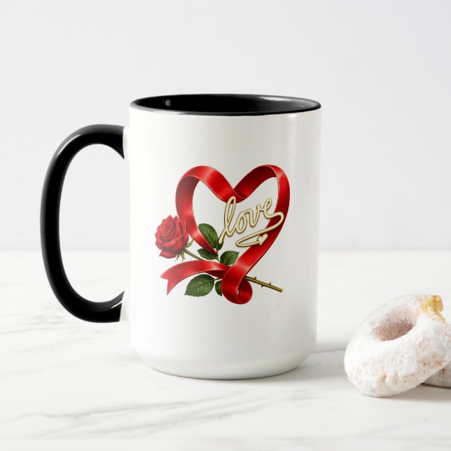 Mug Cœur d'Amour Rose Rouge Romantique (Avec donut)