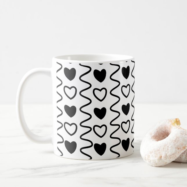 Mug Cœur de la Saint-Valentin Chevron Motif Noir Blanc (Avec donut)