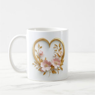 Mug Coeur D'Or Et Fleurs Roses Délicates