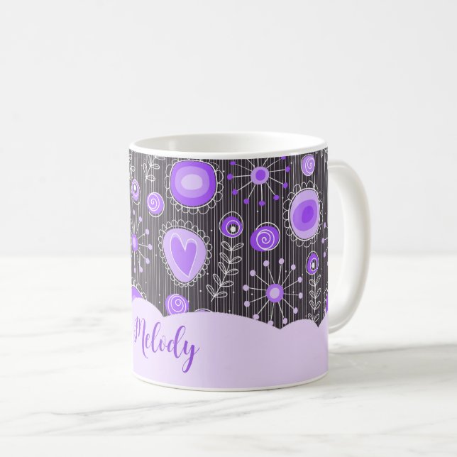 Mug Coeur gris violet blanc et nom floral (Devant droit)