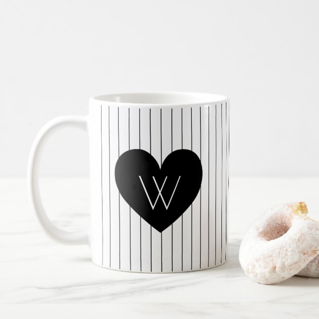 Mug Coeur noir avec bandes verticales Motif Monogramme (Avec donut)