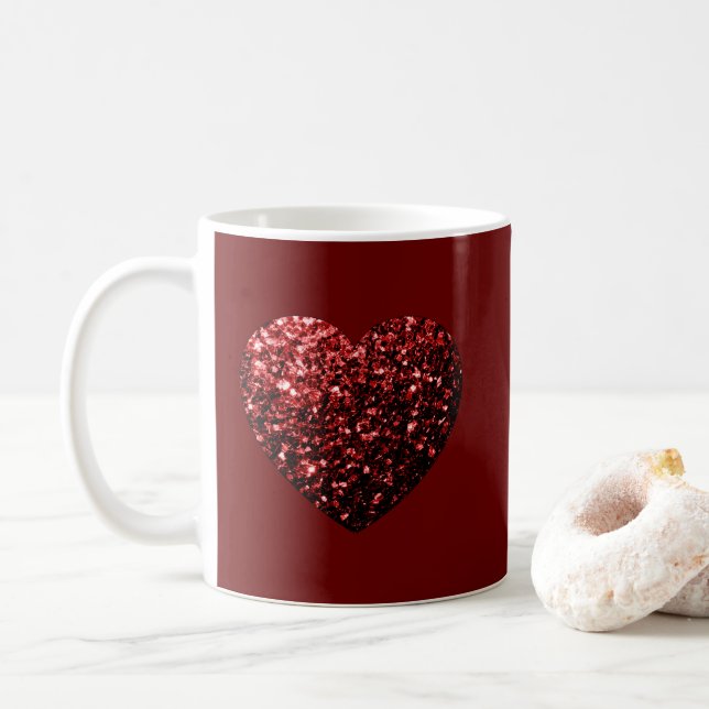 Mug Cœur pailleté scintille rouge foncé Saint-Valentin (Avec donut)