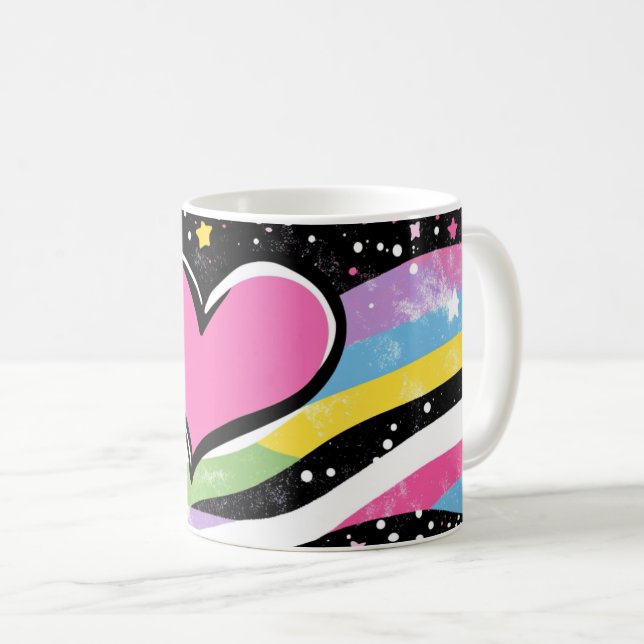 Mug cœur rose avec un contour noir épais, centré (Devant droit)