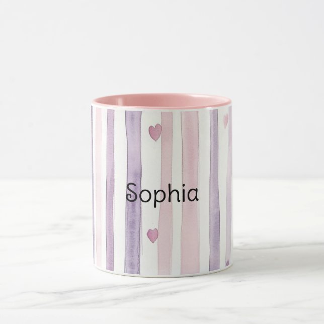 Mug Cœur Rose Violet Rayures Anniversaire (Centre)