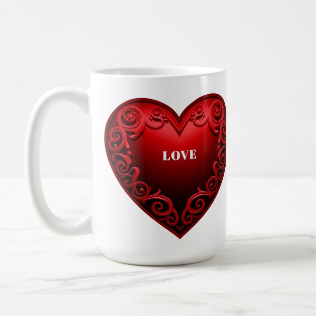 Mug Cœur rouge avec bordure en spirale ornée  (Gauche)