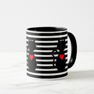 Mug Cœur rouge et chat noir sur rayures noires et blan