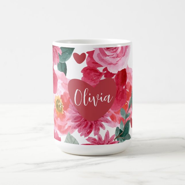 Mug Coeur rouge et rose amour valentines florales nom  (Centre)