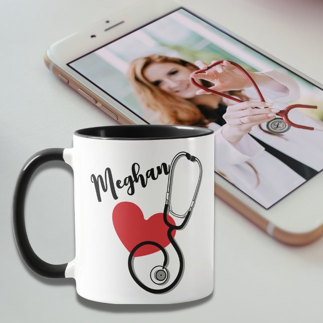 Mug Coeur rouge Stethoscope Nom Infirmière Docteur Caf (Créateur téléchargé)