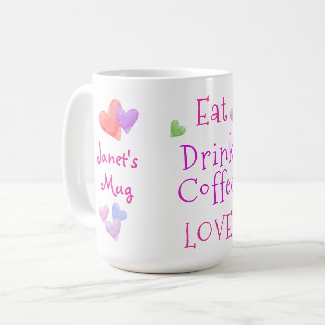 Mug Cœurs à l'aquarelle MANGER Boire Café AMOUR (Devant gauche)