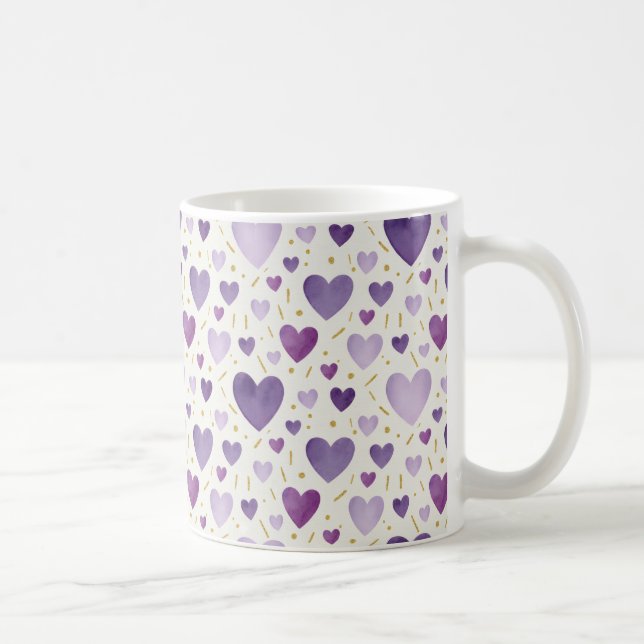 Mug Cœurs aquarelle lavande et or peints à la main (Droite)