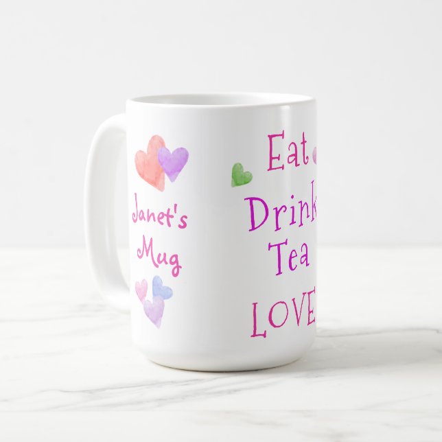Mug Cœurs Aquarelle MANGER Boire du Thé AMOUR (Devant gauche)