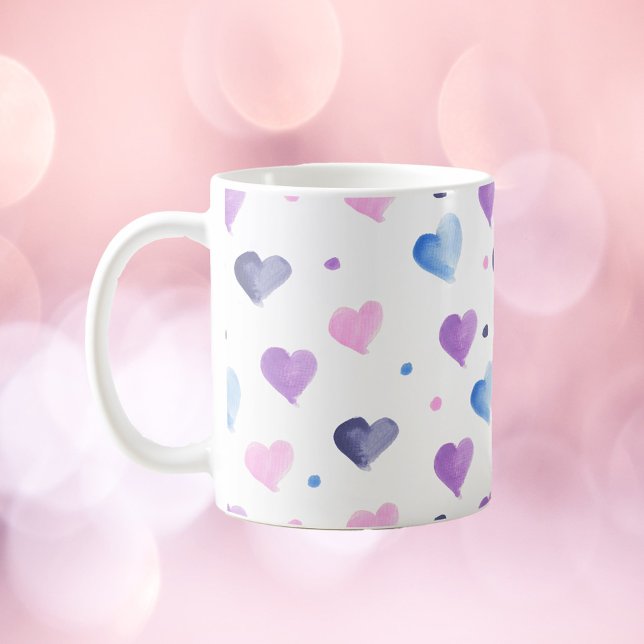 Mug Coeurs Aquarelle Motif rose Bleu pourpre (A cute mug with a watercolor pattern of blue, pink and purple hearts and dots.)