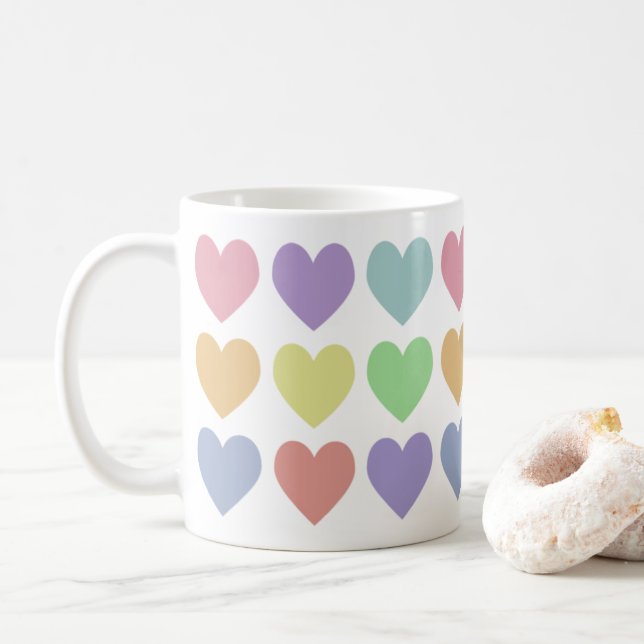 Mug Coeurs arc-en-ciel mignons Pastel Girly (Avec donut)
