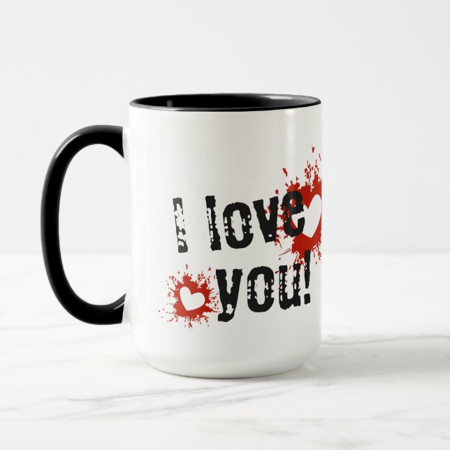 Mug Cœurs avec éclaboussures de peinture rouge, Je t'a (Gauche)