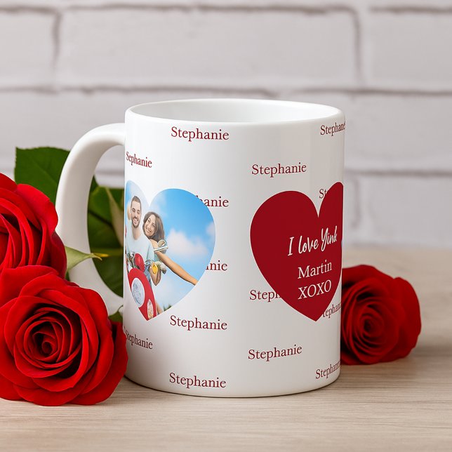 Mug Cœurs blancs rouges nom de photo je t'aime (Créateur téléchargé)