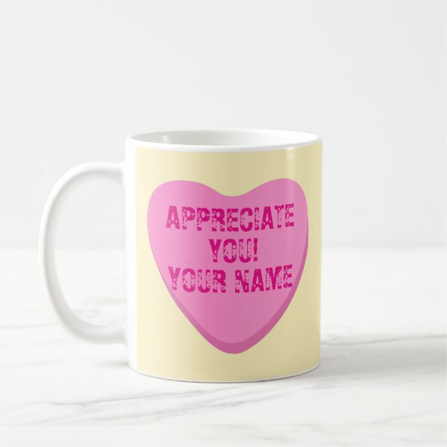 Mug Coeurs bonbons avec Coeur texte-rose personnalisé  (Gauche)