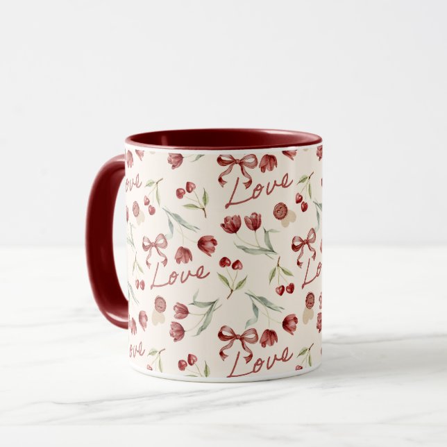 Mug Cœurs de cerise rouges crème Saint-Valentin Amour  (Devant gauche)