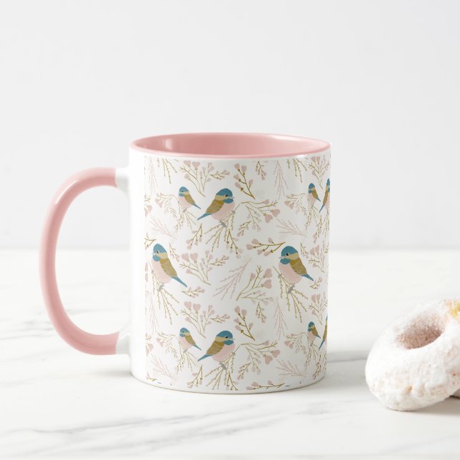 Mug Coeurs de chickadee en or rose mignon imprimé (Avec donut)