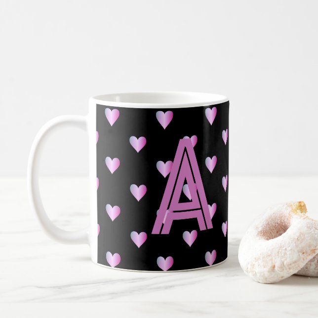 Mug Coeurs de monogramme violet noir (Avec donut)