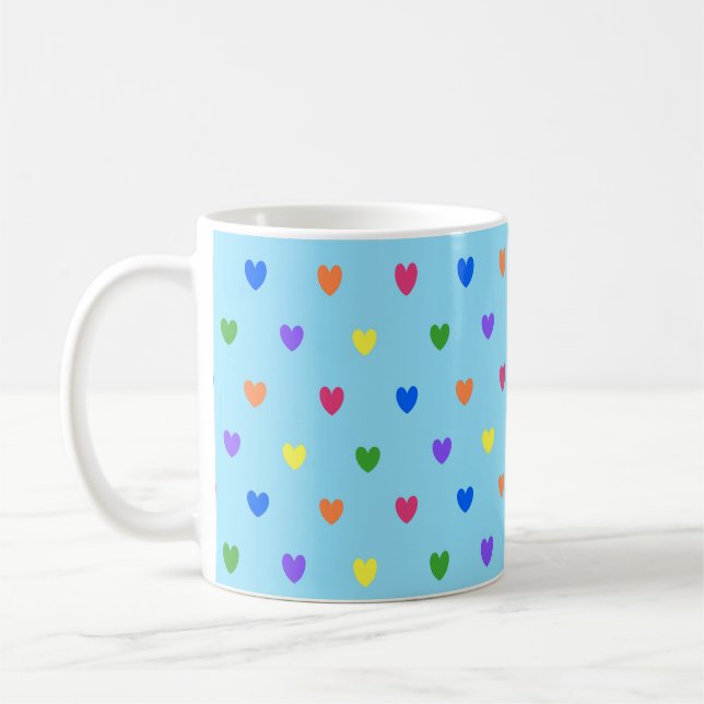 Mug Coeurs de polka arc-en-ciel sur bleu bébé (Gauche)