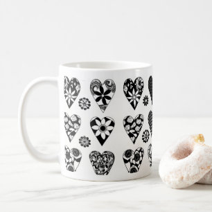 Mug Coeurs et fleurs minimalistes modernes noir et bla