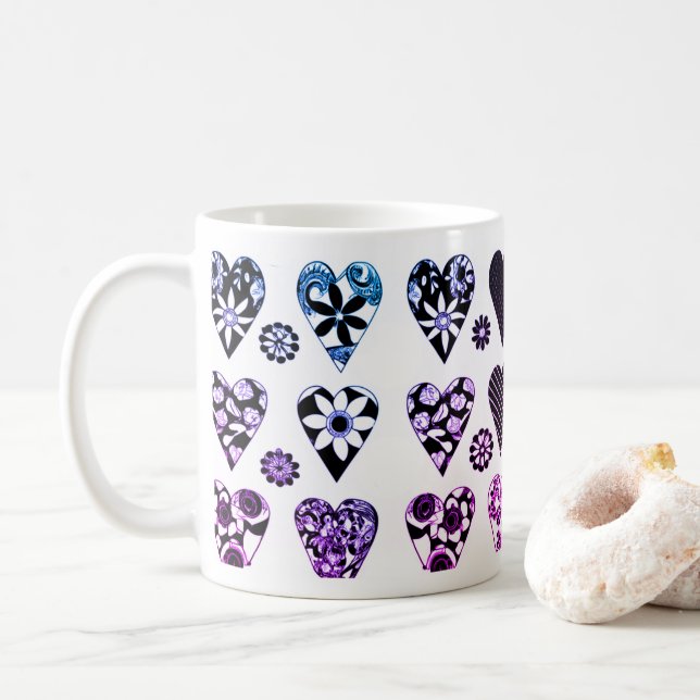 Mug Coeurs et fleurs Pop couleur moderne (Avec donut)