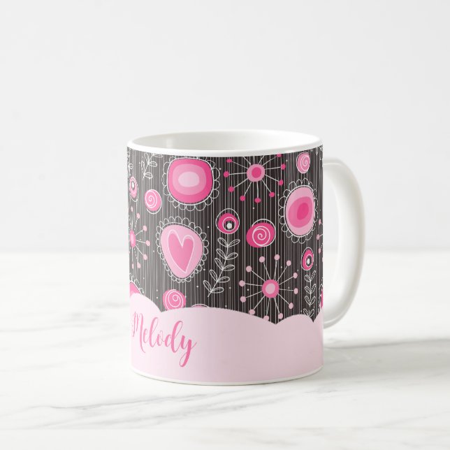 Mug Coeurs gris rose blanc et nom fleuri (Devant droit)