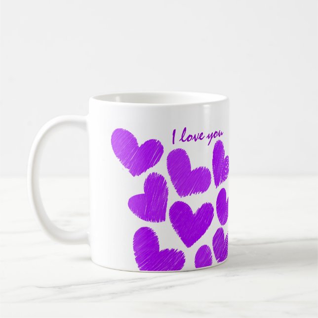 Mug Coeurs mauves et croquants "Je t'aime" (Gauche)