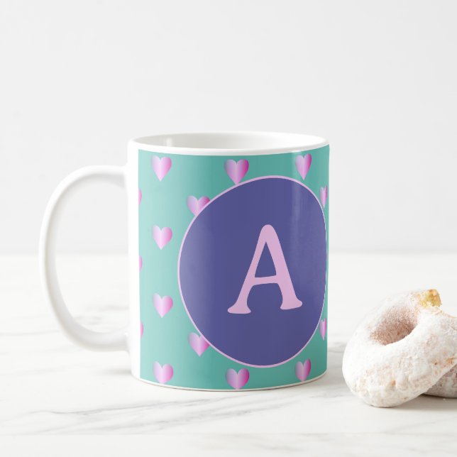 Mug Coeurs Monogrammes personnalisés Lilac Turquoise (Avec donut)
