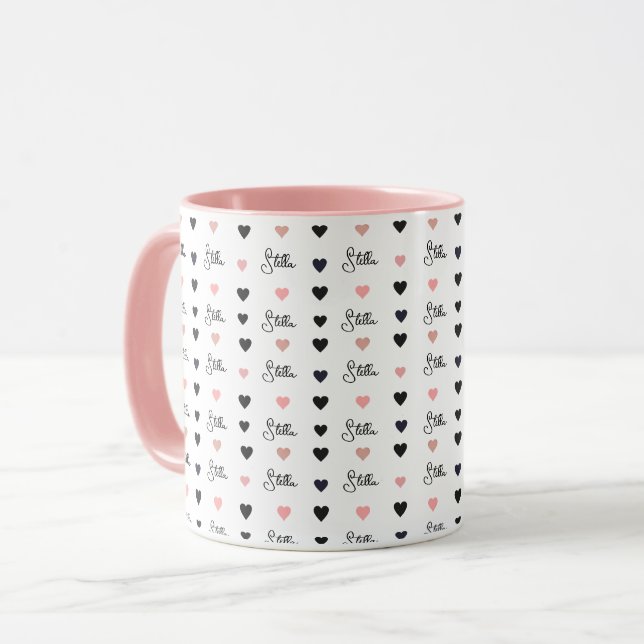 Mug Coeurs roses alignées avec le nom répété (Devant gauche)
