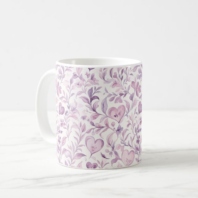 Mug Cœurs roses feuilles violettes (Devant gauche)
