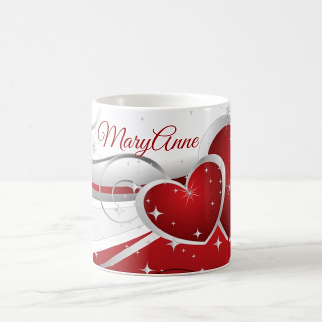 Mug Coeurs rouges modernes avec nom personnalisé (Centre)