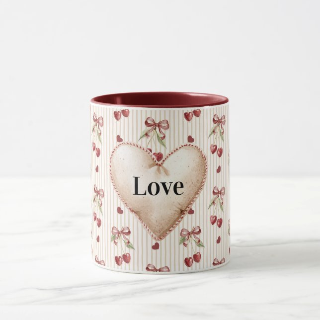 Mug Cœurs Rouges Rayures Cerises Nœuds Saint-Valentin (Centre)