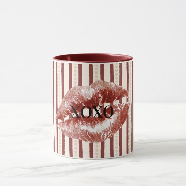 Mug Cœurs Rouges Rayures XOXO Baiser Lèvres (Centre)